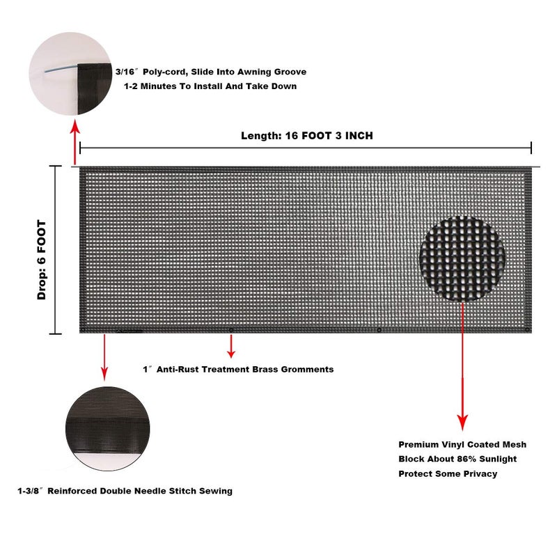 Tentproinc RV Awning Sun Shade Screen 6' X 16' 3'' (Fit for 17' Awning) Mesh Sunshade for Camper Trailer Awning Screenshade Motorhome Sunscreen Block UV Glare - 3 Year Warranty (Black) - Image 5